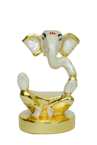 Image of Pearl White Divine Ganesha | Lambodara Ganpati Idol for Car Dashboard, Office Desk & Home Temple| Lambodara Murti for Prosperity & Blessings |Gold Plated Statue| Height 1.9 Inch