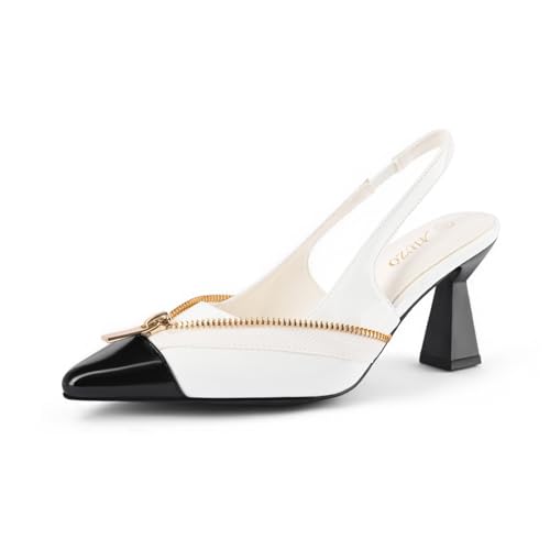 Women Slingback Kitten Heels Closed Pointed Toe Zipper Decor Slip On Pumps Dress Shoes
