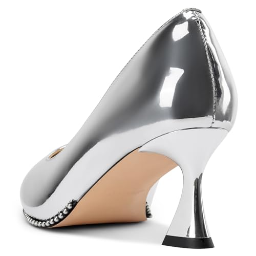 Image of TNYNFBEB Womens Mid Kitten Heel Pointed Toe Pumps Slip-on Silver Beaded Prom Party Dress Patent Leather 2.6 Inches Heels