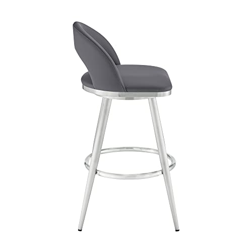Armen Living Charlotte Swivel Bar Stool in Brushed Stainless Steel with Grey Faux Leather