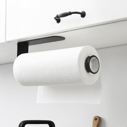 Image of theaoo Under Cabinet Paper Towel Holder for Kitchen, Easy One-Handed Tear, Quick Release Knob for Easy Roll Loading, Wall-Mounted Dispenser, Self-Adhesive or Drill Mounting, Black Stainless Steel