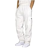 Men's Cargo Sweatpants Casual Fleece Joggers Loose Fit Open Bottom Athletic Pants for Men with Pockets White XL