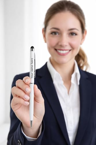 Image of Personalised Ballpoint Pen with Stylus - Custom Engraved White Metal Pen for Touchscreen Devices | Smooth Writing Executive Pen for Office, Students & Professionals