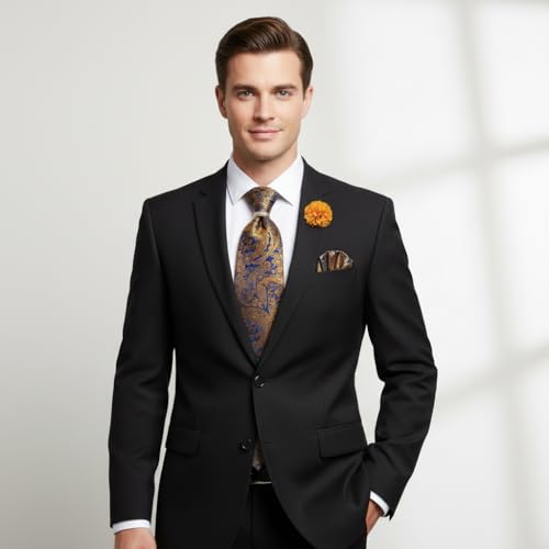 Image of 5PCS Mens Premium Silk Tie, Pocket Square, Cufflinks, Drilled Tie Ring and Lapel Pin Set for Wedding Groom Party