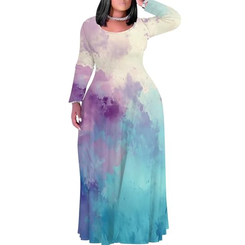 Image of PinkPatty Plus Size Maxi Dress for Curvy Women Crew Neck Long Sleeves Casual Dress Vacation Sundresses with Pockets