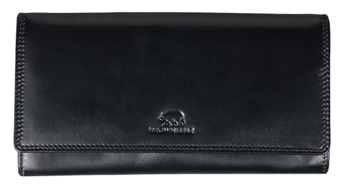 BROWN BEAR Geldbörse Damen Leder Schwarz mit Münzfach und RFID-Schutz - Echtleder Frauen Portemonnaie lang groß mit vielen Fächern - Geldbeutel für 12 Karten - BB Ina