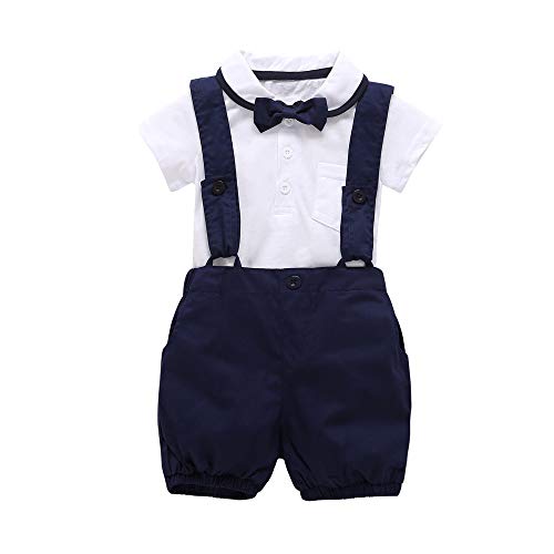 Baby Boy Short Sleeved Gentleman T-Shirt Overalls Outfit Set (0-6 Months) White and Blue