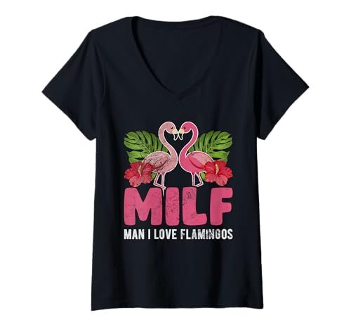 Femme Milf Man I Love Flamingos Drôle Milf Flamingo Humour Grunge T-Shirt avec Col en V