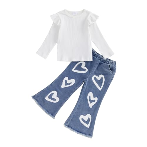 MA&BABY Toddler Girls Outfits 2T 3T 4T 5T 6T Knitted Kids Girl Denim clothes Ruffle Sleeve Tops Love Hearts Jeans Flare Pant (White Ruffle, 4-5T)