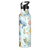 Edelstahl-Wasserflasche mit Strohhalm-Deckel, süße Cartoon-Meeresschildkröten, isolierte Wasserflasche für die Schule, mit Griff, BPA-frei, 590 ml