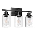 Ascher Bathroom Vanity Light Fixtures, 3 Light Wall Sconces Lighting with Clear Glass Shade, Black Wall Lights for Mirror, Kitchen, Living Room, Gallery, Hallway, E26 Base (Bulbs Not Included)