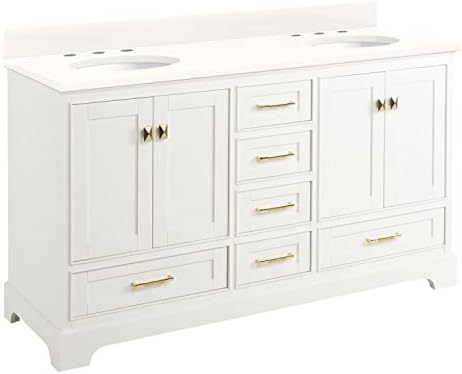Signature Hardware 480733 Quen 60" Free Standing Double Vanity Set with Wood Cabinet, Vanity Top and Oval Undermount Vitreous China Sink - 8" Faucet Holes - Soft White/Arctic White