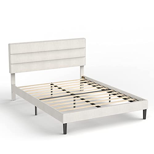 Bonsoir Bed Frame Modern Horizontal Panel Upholstered Low Profile Platform With Tufted Headboard/No Box Spring Needed/No Bed Skirt Needed/Linen Fabric Upholstery/Beige (Queen Size) #TOP5