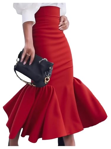 GORGLITTER Women's Ruffle Maxi Pencil Skirts High Waisted Long Skirt Red