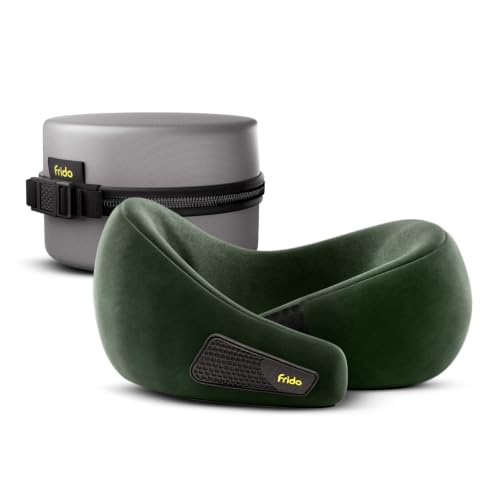 Image of Frido Travel Neck Pillow, 100% Hi-Per Foam, Lightweight Neck Support Pillow, Neck Pillow for Flight Travel, Memory Foam Car Neck Pillow, Adjustable Velcro Straps, Free Travel Pouch (Olive Green)