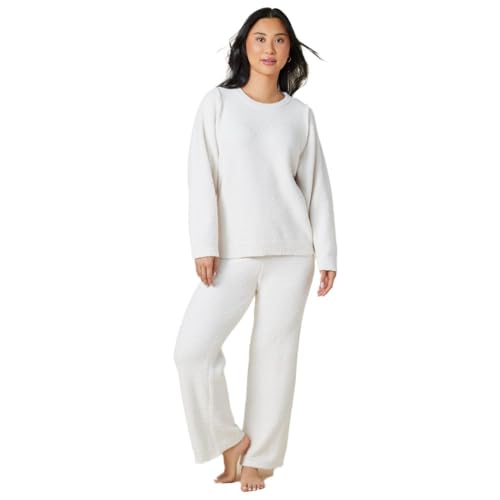 Softies Marshmallow Reverse Seam Crew Neck Lounge Set for Women Ultra Soft 2 Piece Loungewear with Bracelet Sleeve Top Almond L