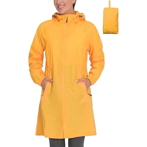 Mapamyumco Women's Ultra-Light Packable Waterproof Long Rain Jacket, Hooded Raincoat with Zipper Pockets Yellow S Cover