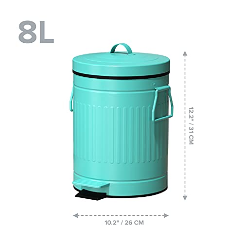 Retro Trash Can With Lid - 8L/2.1Gal Step Trash Can W/ Soft Closing Lid - Round Garbage Can W/ Handles - Touchless Trash Can W/ Removable Garbage Guard Bucket - Outdoor Garbage Can - Large Trash Bin, Teal #TOP1