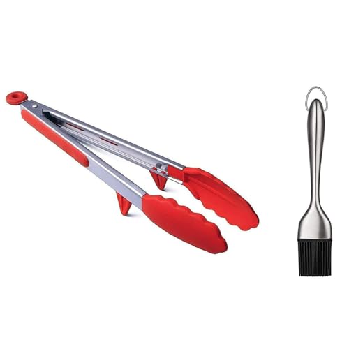 Image of Baskety Tongs Non-Stick Stainless Steel Silicone Kitchen Food Cooking Tongs Basting Oil, Sauce Brush Set for Grilling BBQ and Cooking Utensils (9 Inch Red with Brush)