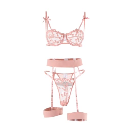 Image of Women Cute Bra Panty Lingerie Set with Garter Belt Lace Teddy Strap Babydoll Lingerie Romantic Bikini with Panty Gown Set for Women Party Set