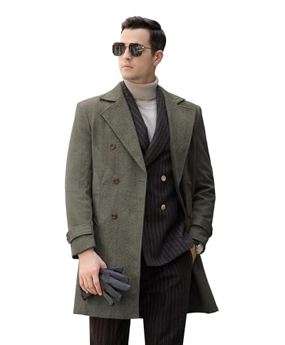 Image of Men's Peacoat Jackets Grey Coats Casual Winter Trench Coat Herringbone Long Jacket Warm Wool Overcoat for Men