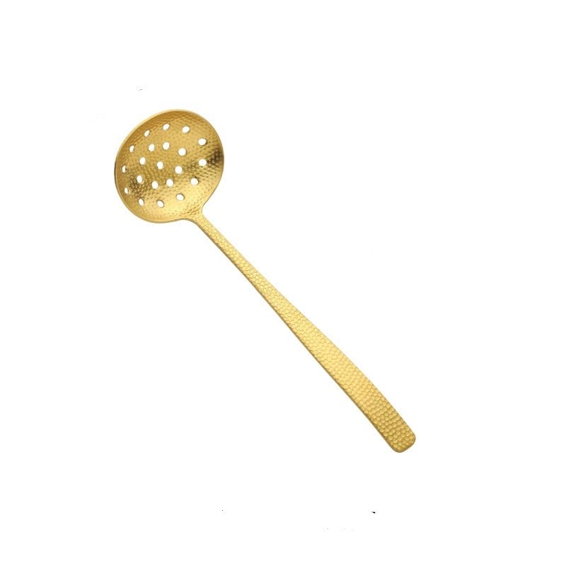 ONUIFIKE Silverware Set, 1/4/6/8/10/12 Pieces Hammer Pattern Household Hot Pot Colander Hammer Pattern Thickened 304 Stainless Steel Spoon Household Short Soup Colander, Home Cutlery Flatware Set(Gol