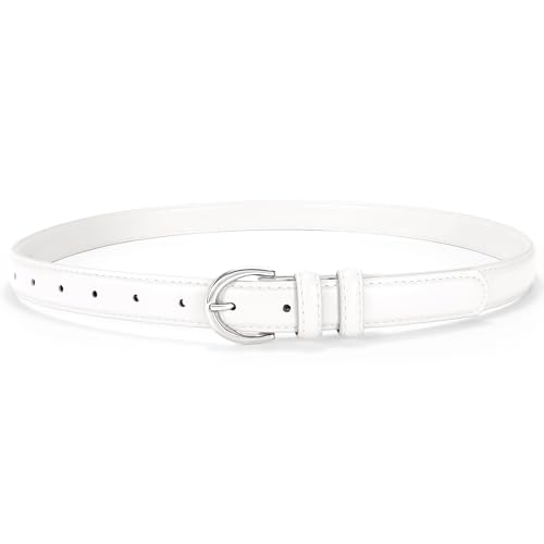 Women Leather Belt for Jeans Pants Fashion Ladies Skinny Belt for Dresses Thin Belt with Single Prong Buckle,White,S