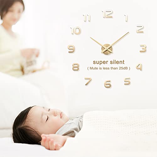 Image of Large DIY Wall Clock, 3D Mirror Number Stickers Large Wall Clock Kit Mute Frameless Modern Design for Home Living Room Bedroom Office Decoration-Silver