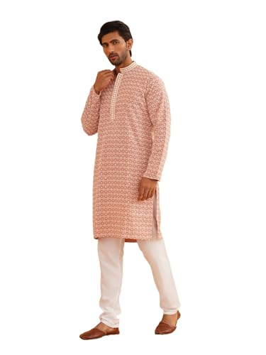 Image of SOJANYA (Since 1958 Men's Cotton Gold Embroidered Sequinned Kurta With white churidar Pyjama