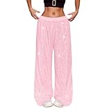 kölner Karneval kostüm Modische, glitzernde, hochtaillierte Hose mit weitem Bein, einfarbig, lässige Partyhose Pailletten für Abendveranstaltungen Gruppen(Rosa,S)