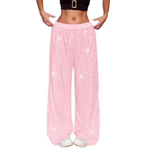 Pantalon paillettes rose taille haute et jambe large pour soirée fluide et élégant en taille L