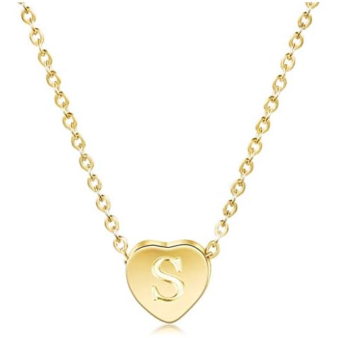 Initial Necklace, 14K Gold Plated Letter Necklace Round Disc Double Side Engraved Hammered Name Pendant Necklace with Adjustable Chain Pendant Enhancers Heart: S Cover