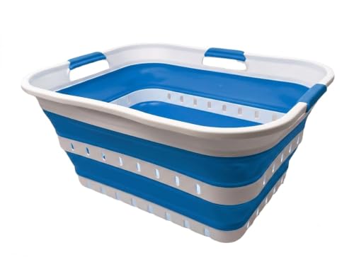 Image of SAMMART 42L (11 gallon) Collapsible Plastic Laundry Basket - Foldable Pop Up Storage Container /Organizer - Space Saving Hamper /Basket (1, Wt /Classic Blue)