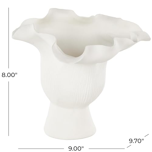 Image of Deco 79 Ceramic Abstract Decorative Vase Floral Inspired Centerpiece Vase with Linear Grooves, Flower Vase for Home Decoration 9 inch x 8 inch x 8 inch, White