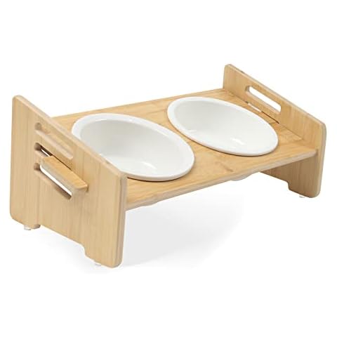 WODOCA Elevated Pet Ceramic Bowl, 15° Tilted Raised Food Feeding Dishes for Cats and Puppies, Adjustable Solid Bamboo Water Stand Feeder Set for Cats and Puppy Cover