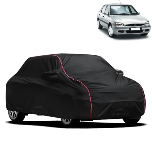Image of Waterproof Car Cover for Ford Escort | All-Weather Protection, Dustproof & UV Resistant | Triple Stitched Mirror Pockets, Windproof Buckle Strap with Elastic Hem, Black-Red Piping