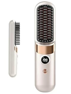 Go Brush Pro UK Cordless Hair Straightener Brush,Portable Rechargeable Ceramic Styling Brush with 4 Adjustable Heat Modes & LED Display, Perfect for Travel & Everyday Use (Cream White)