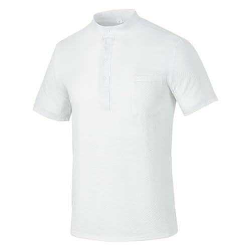 Zylphorix Men Quarter Button Short Sleeve T-Shirt Stand Collar Breathable Plaid Shirts Summer Cozy Workplace Polo Pullover (White,Small)