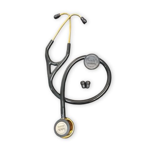Image of Fidelis Healthcare Stainless Steel Dual Head Acoustic Stethoscope | Adult and Pediatric Stethoscope with Double-Sided Gold Plated Chestpiece | Perfect for Doctors, Medical Students with Flexible Tube and Soft Sealing Ear Knobs (Black)
