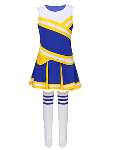 Oyolan Kids Girls Cheerleading Uniform Outfit Tops With Pleated Skirt Socks Set Cheer Leader Cosplay Dance Costume Yellow&Blue 7-8 Years #TOP7