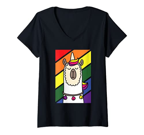Mujer Gay Llama LGBT-Q Funny Alpaca Unicorn Rainbow Pride Ally Camiseta Cuello V