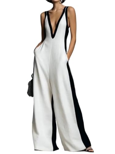 Mono sin mangas para mujer con cuello en V y pierna ancha elegante