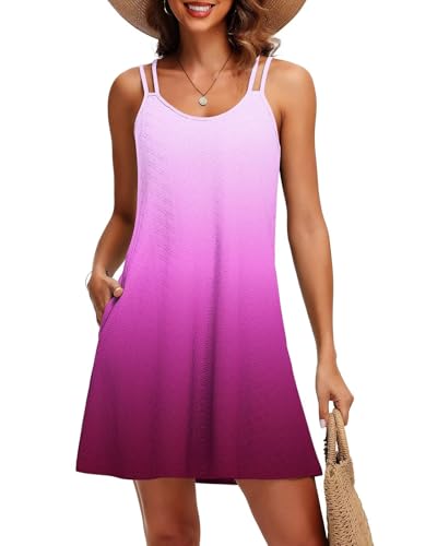 Tanmolo Sommerkleid Damen Strandkleid Spaghettitrger Freizeitkleid Kurz Ärmellos Tank Kleid Leicht und Luftig M Rosa Lila