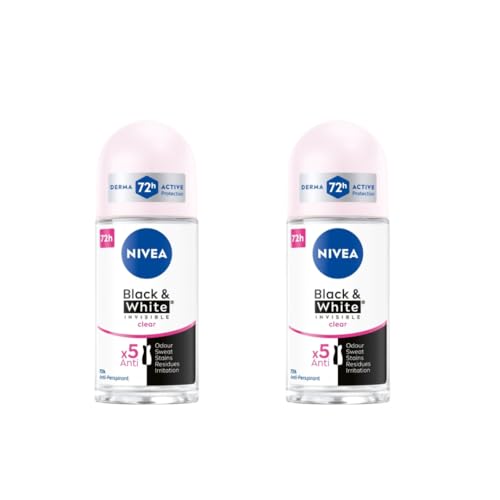 Nivea Black & White Invisible Clear Roll-On Deodorant 72h 25ml | Long-Lasting Freshness | Anti-Stain Formula | For All Day Protection Against Sweat Odor & Yellow or White Marks on Clothes | 2-Pack