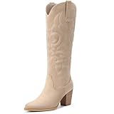 Pasuot Suede Cowboy Boots for Women - Western Knee High Cowgirl Boots with Side Zipper, Retro Pointed Toe Tall Block Heel Pull On Long Boot Fall Winter Concert Rodeo Festival Daily Beige Size 8