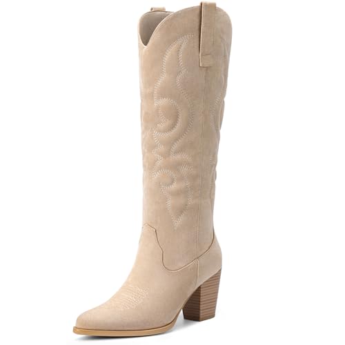 Pasuot Suede Cowboy Boots for Women - Western Knee High Cowgirl Boots with Side Zipper Retro Pointed Toe Tall Block Heel Pull On Long Boot Fall Winter Concert Rodeo Festival Daily Beige Size 8