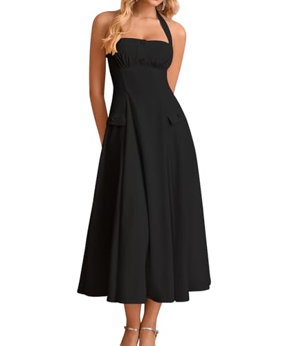 GLNEGE Floral Halter Corset Midi Dresses Summer Flowy Wedding Guest Dress A Line Bow Tea Party Sundress for Women