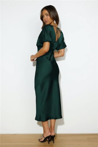 Image of Summer Satin V Neck Puffy Sleeves Empire Waist Midi Dresser Silk Sexy Tie Back Formal Cocktail Dresser for Women Wedding