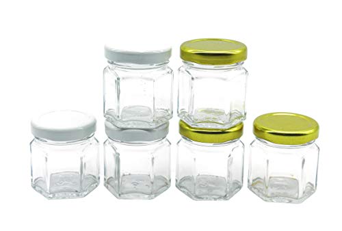Image of Cute Hexagonal 50 grams Airtight Glass Jar Containers for Honey, Spices & other Kitchen Items with Rust Proof Gold & White Color Caps -Set of 06