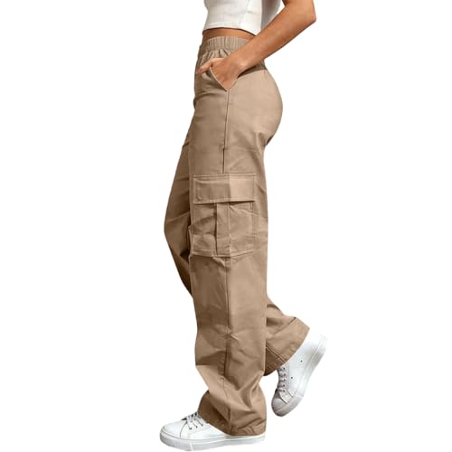Cargo Hose Damen Baggy Pants Casual Freizeithose High Waist Loose Fit Gerade Geschnittene Stoffhose Streetwear Y2K Style mit Praktischen Seitentaschen für Alltag und Outdoor Abenteuer,